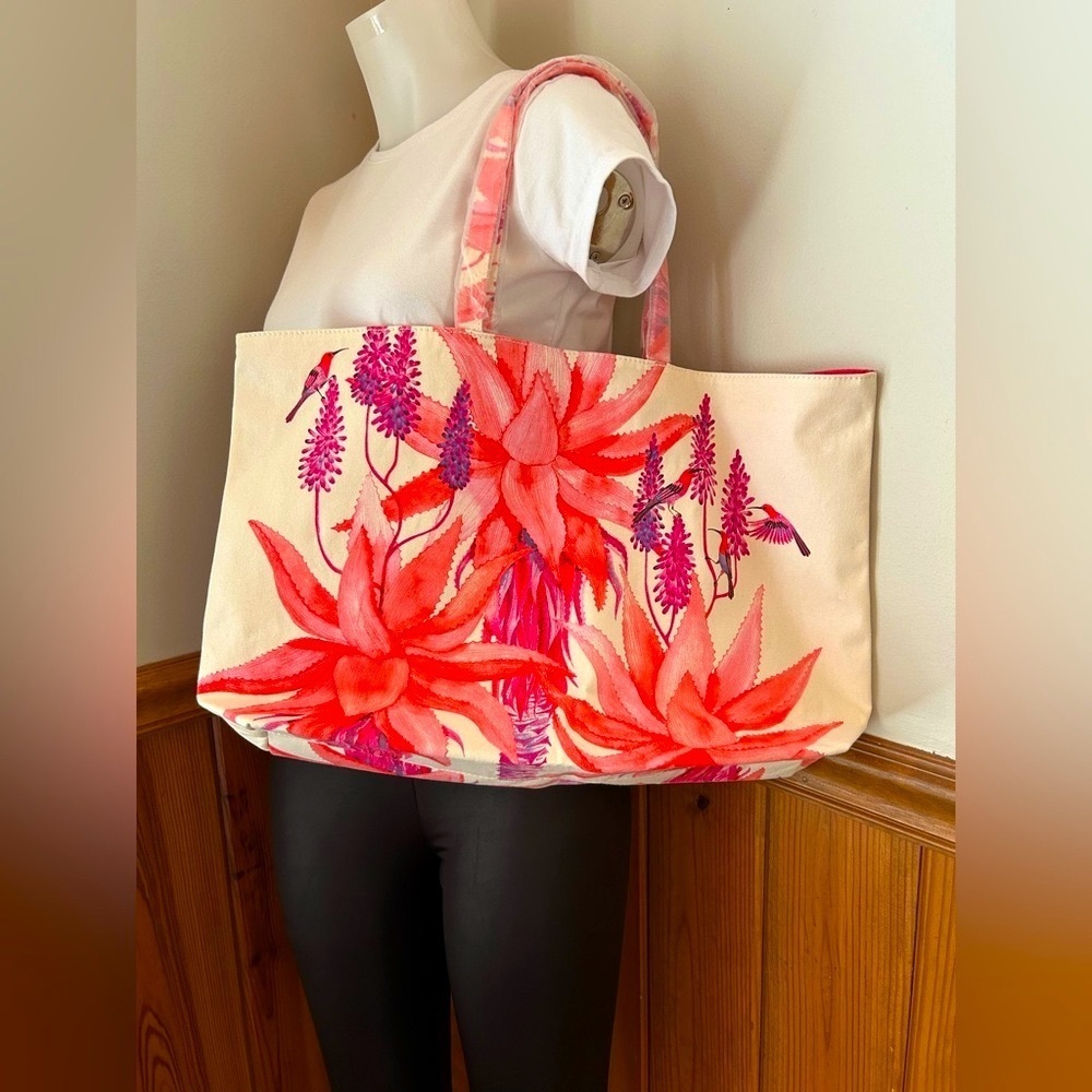 Hummingbird, vivid fuschia, coral, purple, white, & white bag, beach bag, new